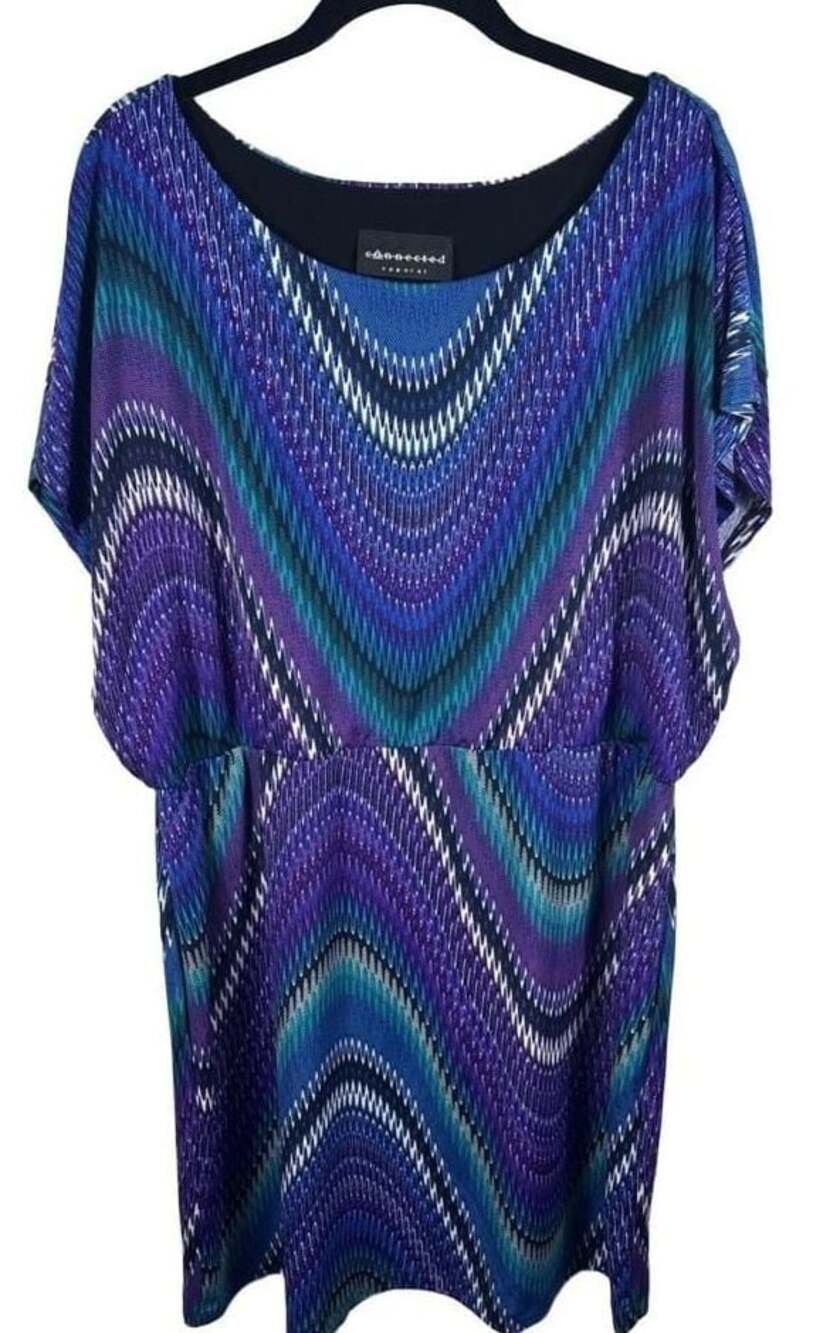 Connected Apparel W Blue Purple Geometric Zig Zag Popover Empire Waist Dress